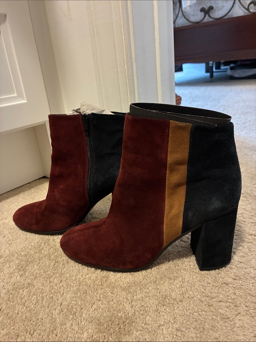 Paola Frani Burgundy, Black & Tan Suede Block Heel Ankle Boots